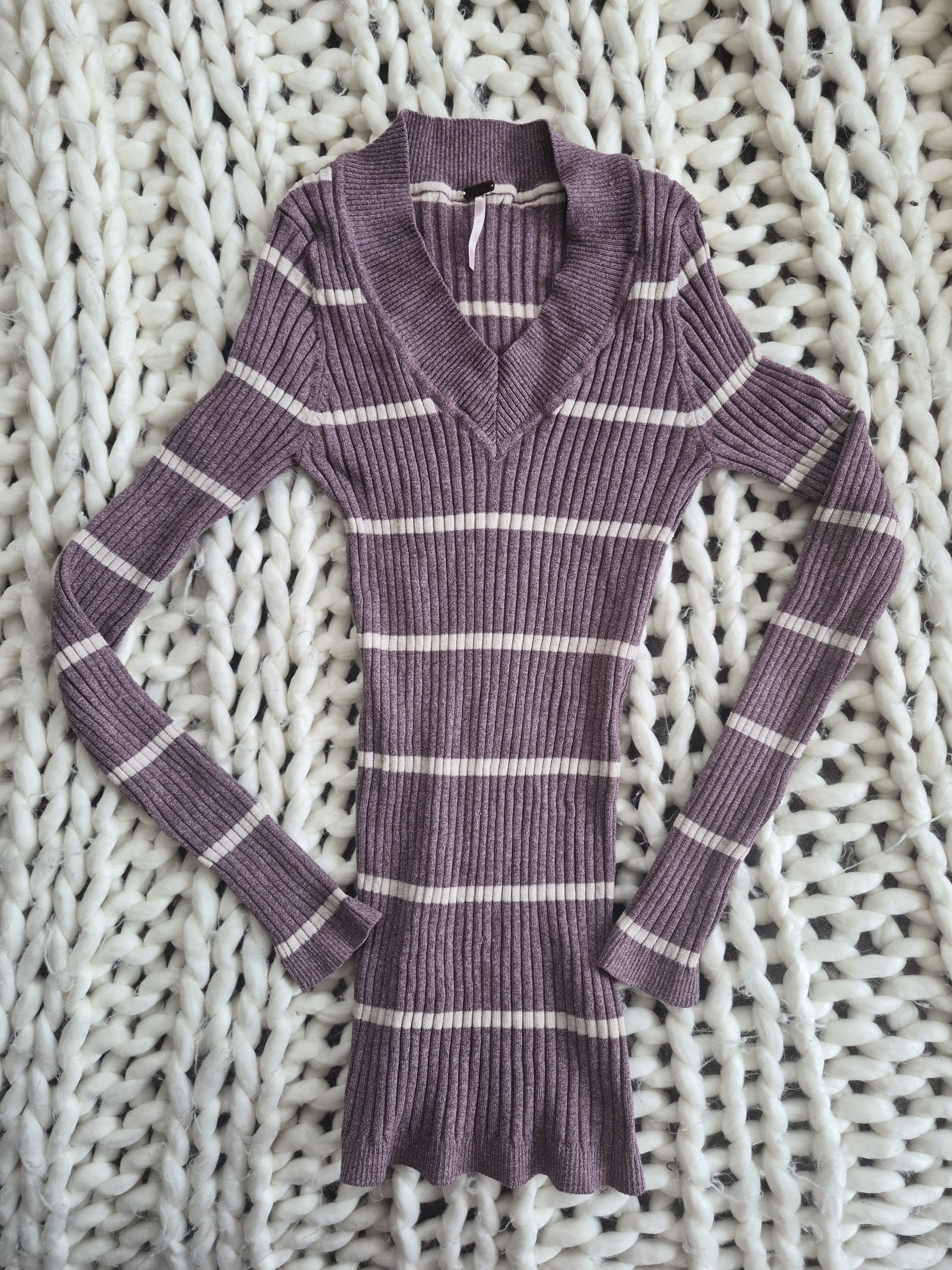 Poof! Mauve And Cream Striped V-Neck Ribbed Sweater